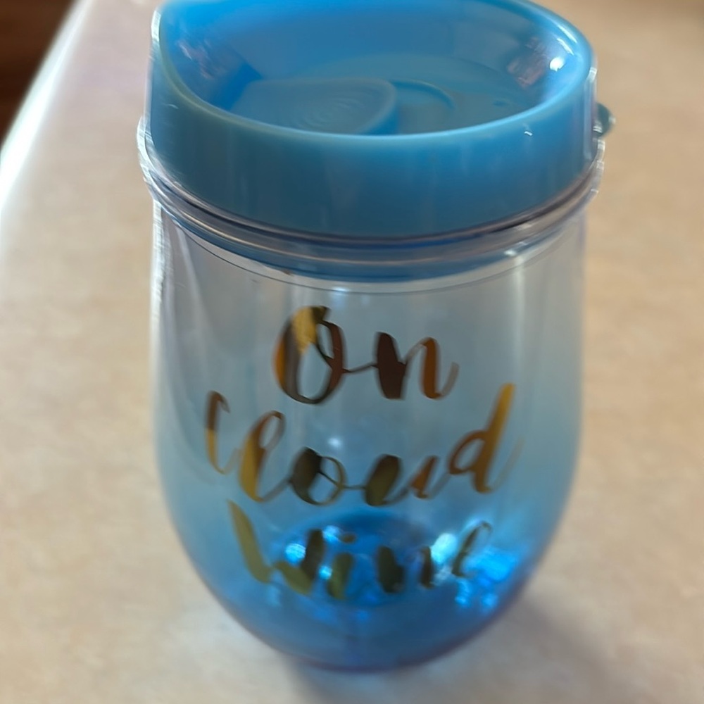 New! Insulated blue plastic “wine” glass “On Cloud Wine”
